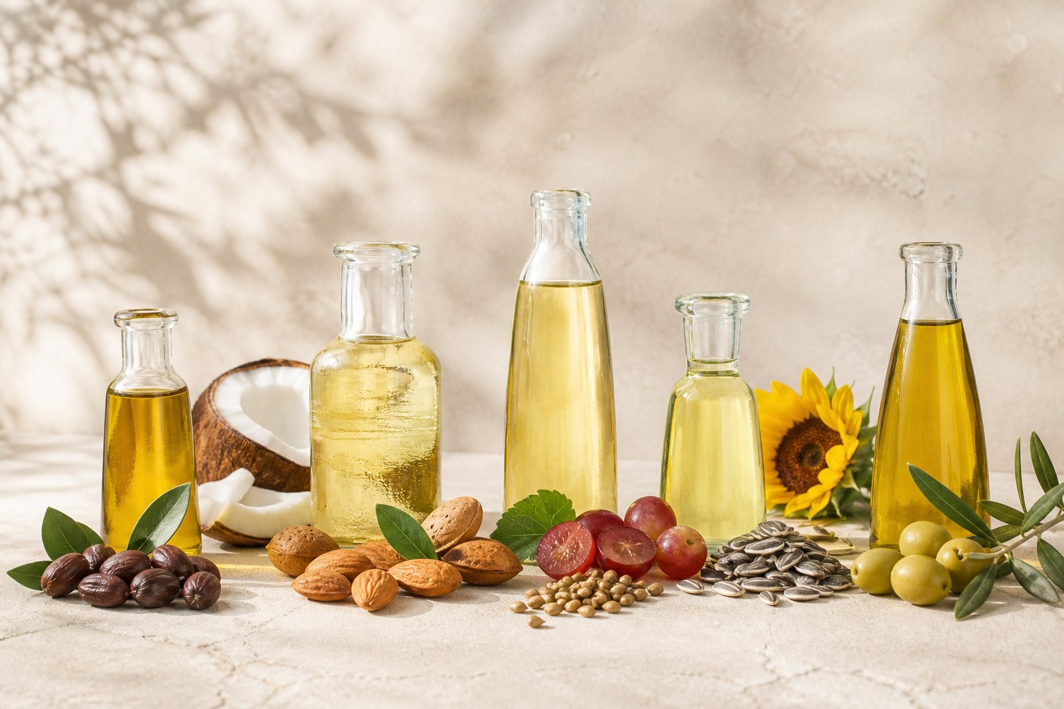 Các loại dầu nền phổ biến từ jojoba dừa hạnh nhân nho hướng dương và ô liu