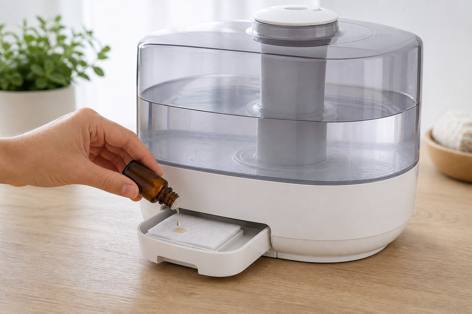 Tinh dầu được nhỏ vào khay hương riêng của máy tạo ẩm