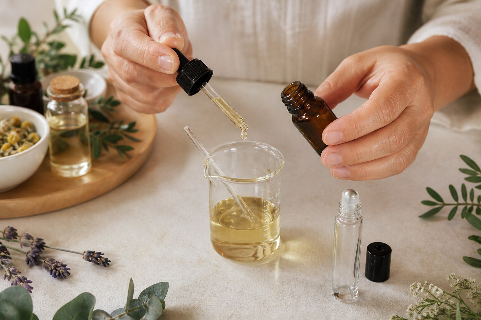 Nhỏ tinh dầu vào cốc dầu nền để pha loãng trước khi sử dụng