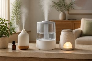 Máy khuếch tán tinh dầu, máy tạo ẩm và đèn xông được đặt cạnh nhau