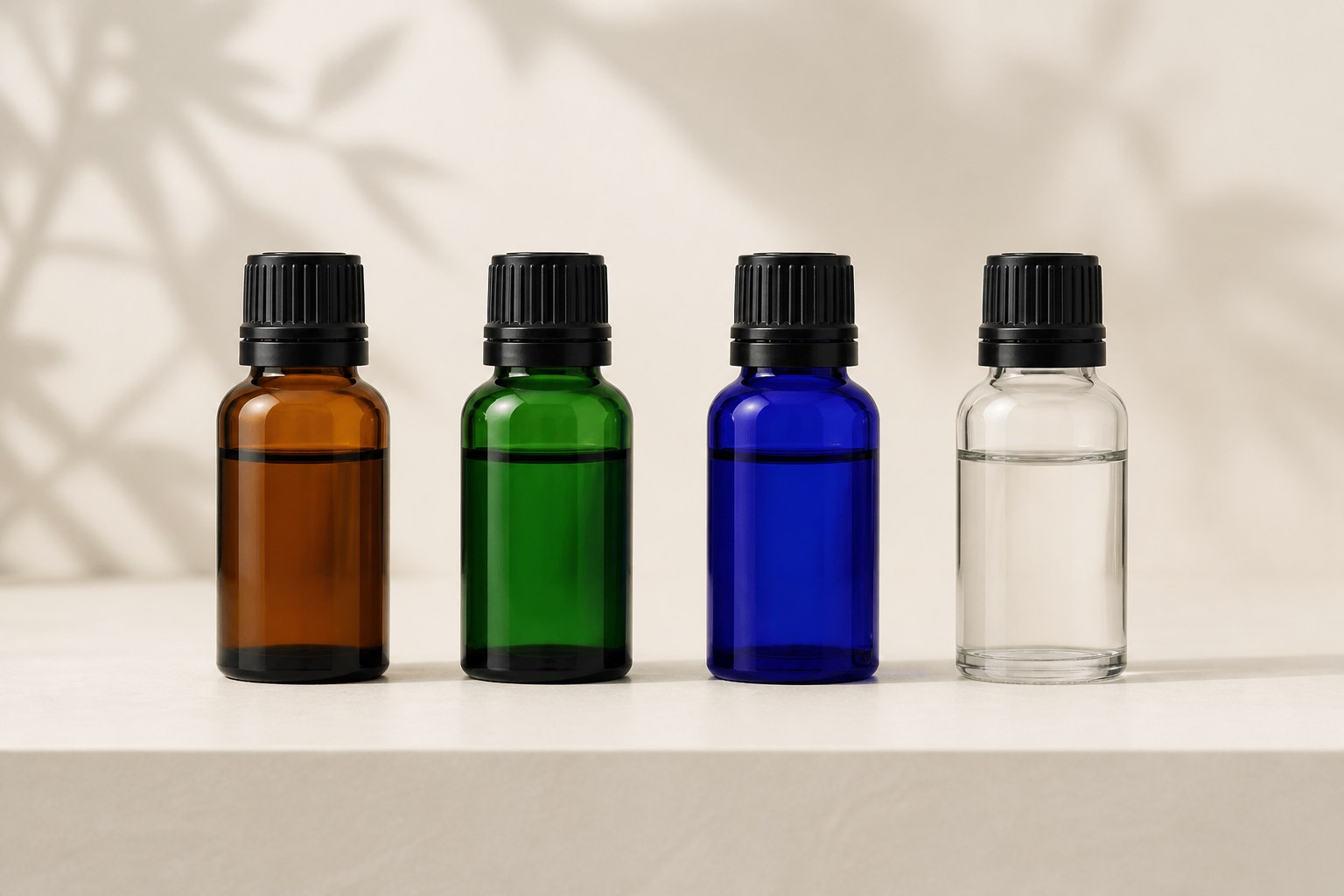 So sánh chai tinh dầu màu nâu xanh lá xanh cobalt và trong suốt
