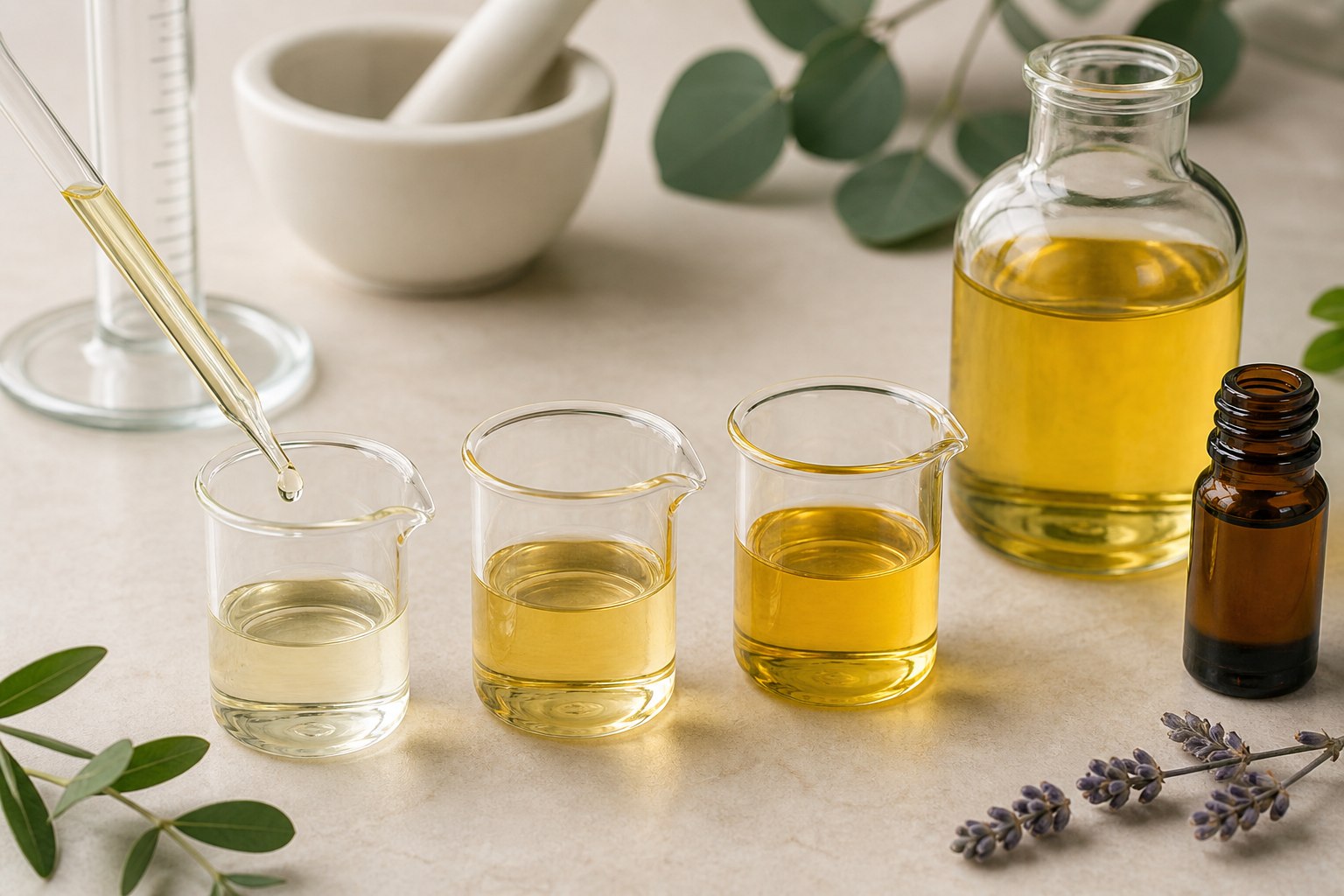 Minh họa các mức pha loãng tinh dầu trong dầu nền bằng dụng cụ thủy tinh